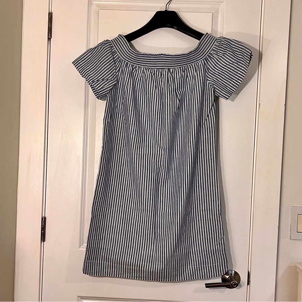 JCrew blue and white striped off-the-shoulder dress